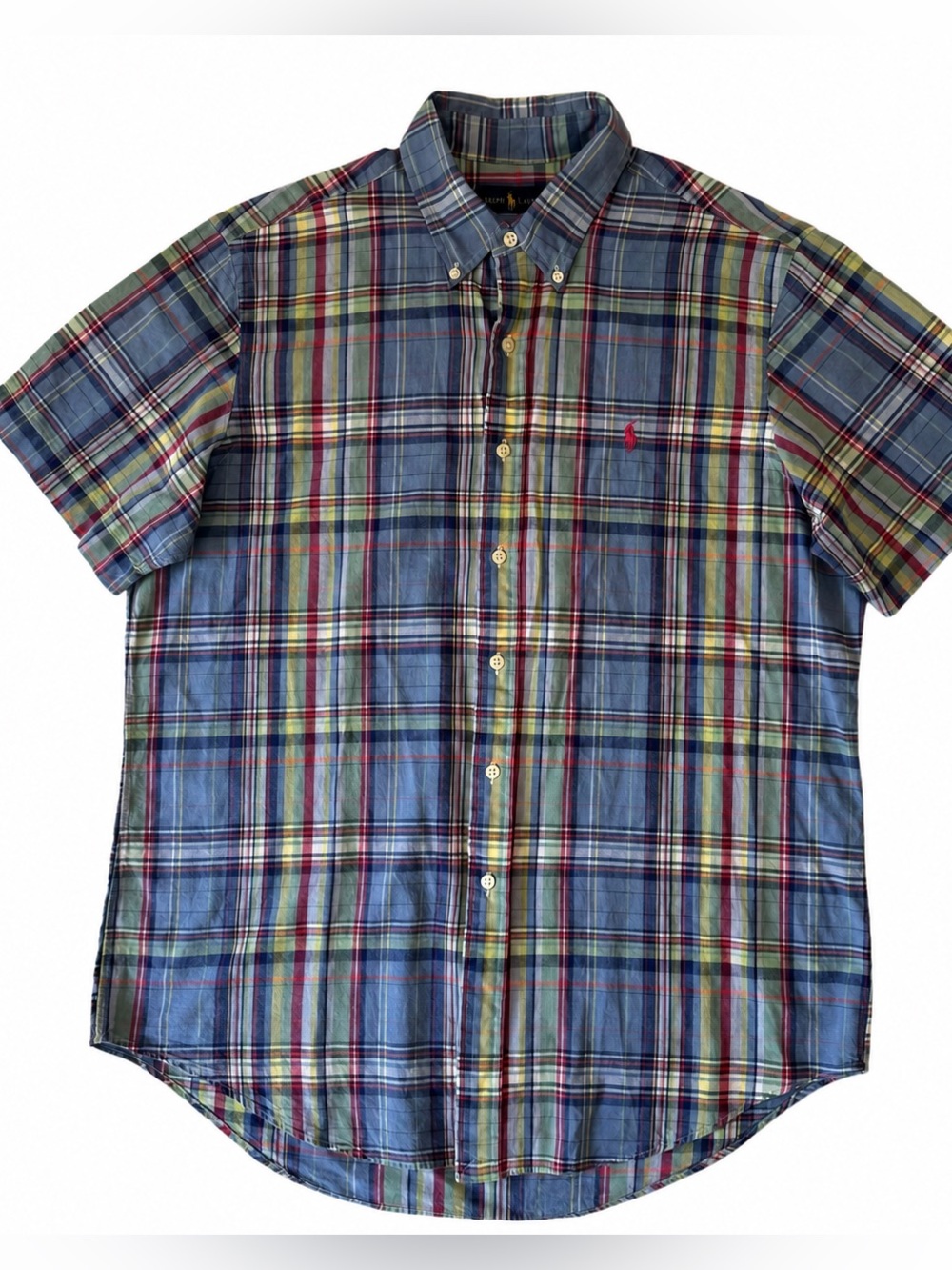 Polo Ralph Lauren Button Down Shirt Mens L Pink Teal Plaid Short Sleeve Cotton